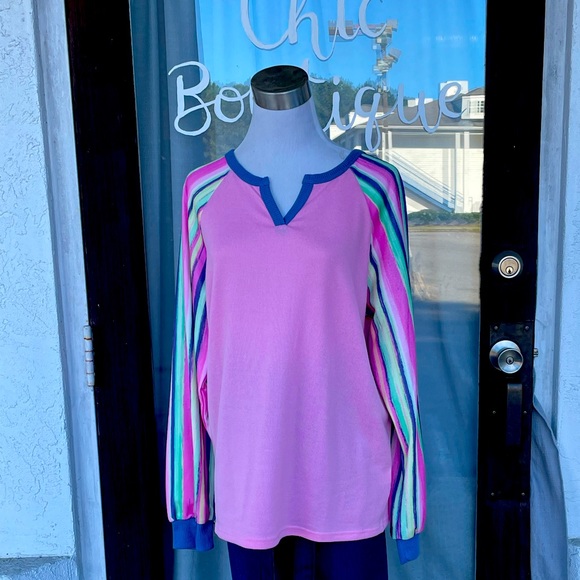 Tops - Pink long sleeve shirt with different color stripes sleeve
